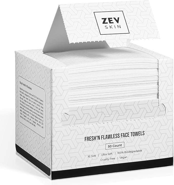 Zev Fresh’n Flawless Face Towels, Disposable Face Towelette for Clean Clear Skin - Makeup Remover Dry Wipes, Facial Wash Cloths, 100% Biobased Towel, Biodegradable, XL Ultra Soft & Sustainable, 50 Ct