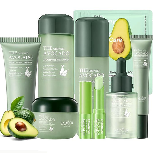 Avocado Skin Care Kit, 12-In-1 Skincare Gift Set With Facial Cleanser, Face Serum, Face Cream, Eye Cream, Toner, Moisturizing Lotion, Lip Balm& Facial mask. Skin Care Hydrating Facial Kit for women