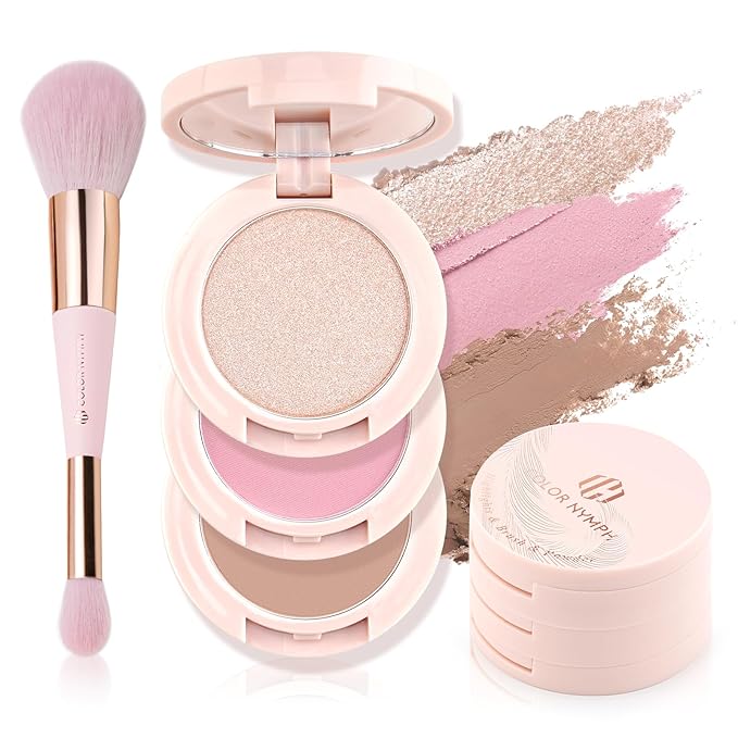 Color Nymph 3 Colors Contour Blush Highlighter Makeup Palette, Travel Size Make up Kit, Blush & Highlighter & Contour Powder Palette, Includes Brush and Mirror, Stacked Makeup Design （Pink）