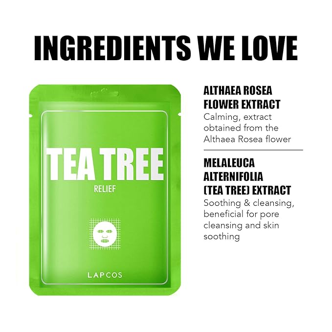 LAPCOS Tea Tree Sheet Mask, Daily Soothing Face Mask, Treats Acne & Clears Pores, Korean Beauty Favorite, 5-Pack