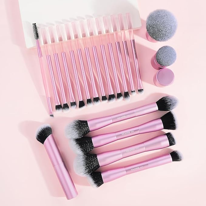 MAANGE 20 PCS Foundation Makeup Brush Set, Double-ended Kabuki Contour Brush for Liquid Powder Concealer Blending Blush Buffing Makeup Tools (Pink)