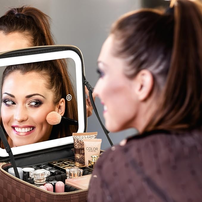 Makeup Travel Train Case with Mirror LED Light 3 Adjustable Brightness Large Cosmetic Bag Portable Storage Adjustable Partition Waterproof Makeup Brushes Make up Jewelry Gift for Women