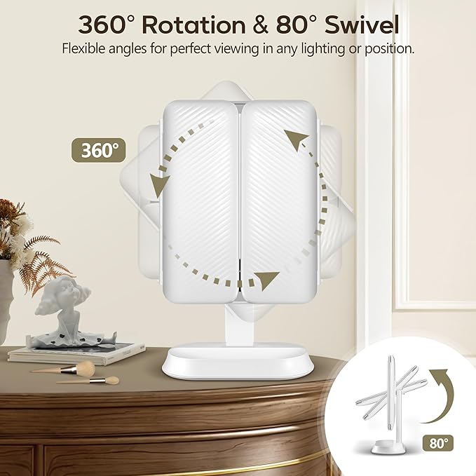 Lighted Makeup Mirror with 30X/10X/5X Magnification, Detachable Design for Travel, Rechargeable Trifold Mirror with 3 Color& Adjustable Brightness, Portable Makeup Mirror with Lights for Desk
