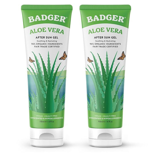 Badger Organic Aloe Vera Gel for Face & Body, 96% Pure Unscented Organic Aloe Gel for Cooling, Soothing, Non-Sticky Sunburn Relief, Vegan, Fair Trade & Hypoallergenic, 4 fl oz, 2-Pack