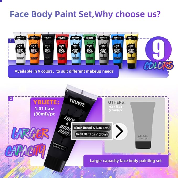 9 Colors Face Body Paint Set, Professional Paint Set for Halloween Cosplay Costume Party, Full-coverage Multi-Color Cream Makeup Blendable Set for Adults Halloween Cosplay SFX Makeup Paint