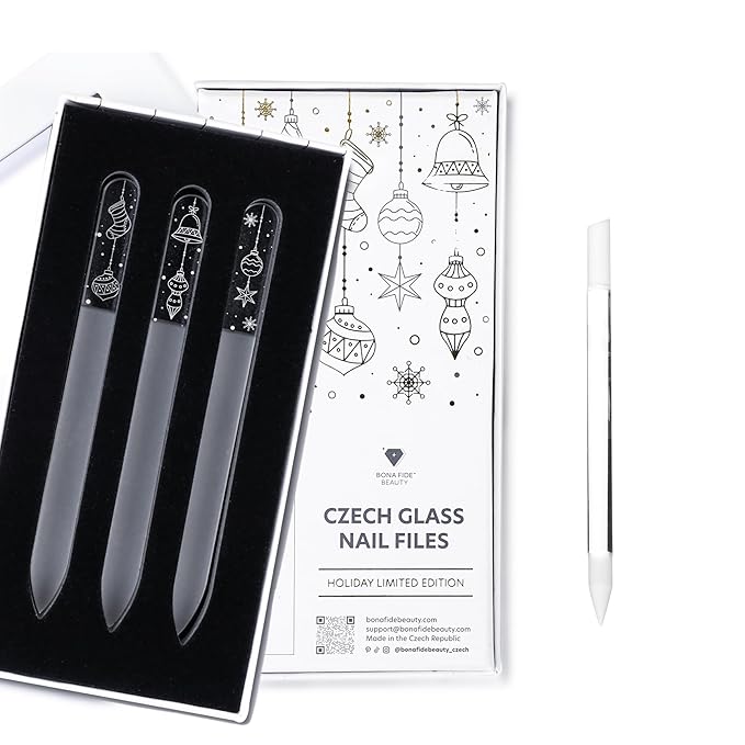 Bona Fide Beauty Stocking Stuffers Value Set - 3PC Holiday Czech Glass Gift Set + Glass Cuticle Pusher