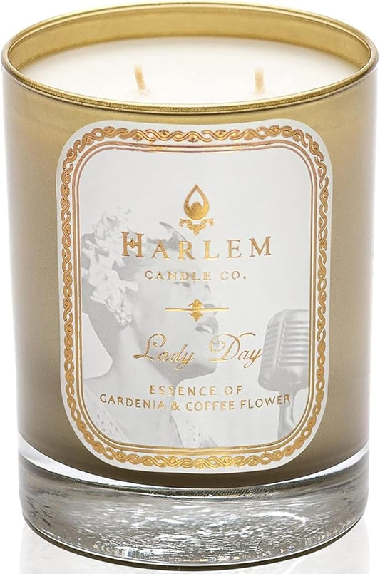 HARLEM CANDLE CO. Lady Day - Luxury Scented Soy Candle, 11 oz - 80-Hour Burn Time | Gardenia, Jasmine, Lush Green Leaves, Neroli Blossom, and Coconut Milk | Scented Candles for Home