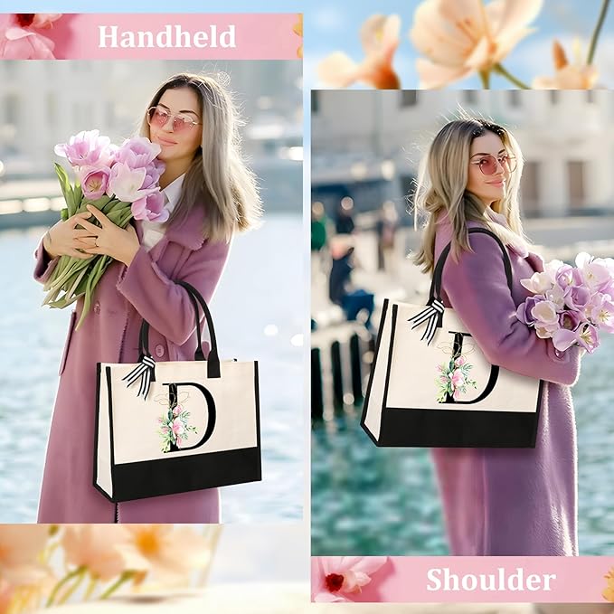AYGE Personalized Initial Canvas Beach Tote, Monogrammed Gifts for Women, Makeup Bag, Birthday Gifts for Sister, Mom, Teacher, Bridesmaid (D)