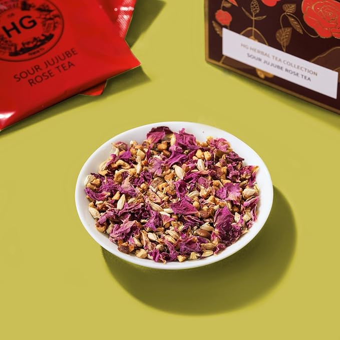 Sour Jujube Rose Herbal Tea Gift Set – Caffeine-Free Fruit Tea for Sleep and Immune Support | 20 Bags + 100g Rock Sugar | Natural Wellness Drink | Elegant Holiday Gift Box for Women, Mom, Friends