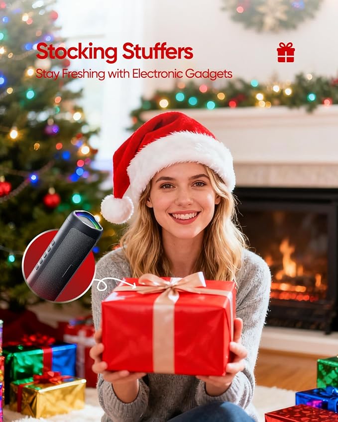 Bluetooth Speaker Stocking Stuffers for Men Women Teens Boys Girls: Portable Wireless, IPX5 Waterproof, White Elephant Gifts for Adults, Up to 20H Playtime, TWS Pair, for Home/Party/Outdoor (Black)