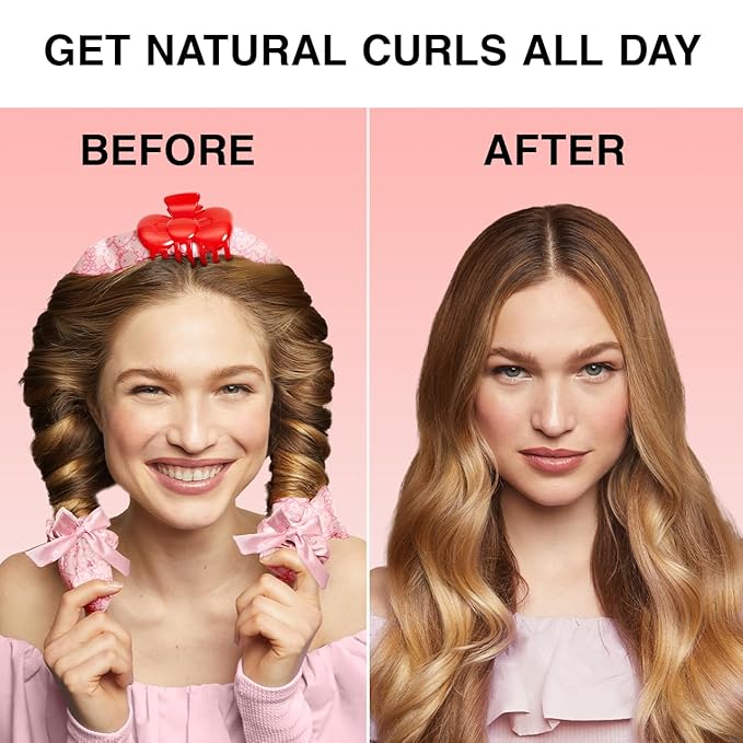 Hello Kitty x Kitsch XL Satin Heatless Curling Set- Heatless Hair Curler To Sleep In for Frizz-Free & Soft Curls, Comes with Bow Shape Design Hair Claw and Satin Scrunchies, Gifts for Women, 4pc Set
