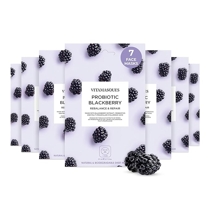 Vitamasques Probiotic Blackberry Face Sheet Mask 7 Pack - Korean Skin Care Facial Mask Rebalances & Repairs Skin with Multi Molecular Hyaluronic Acid - Natural & Biodegradable