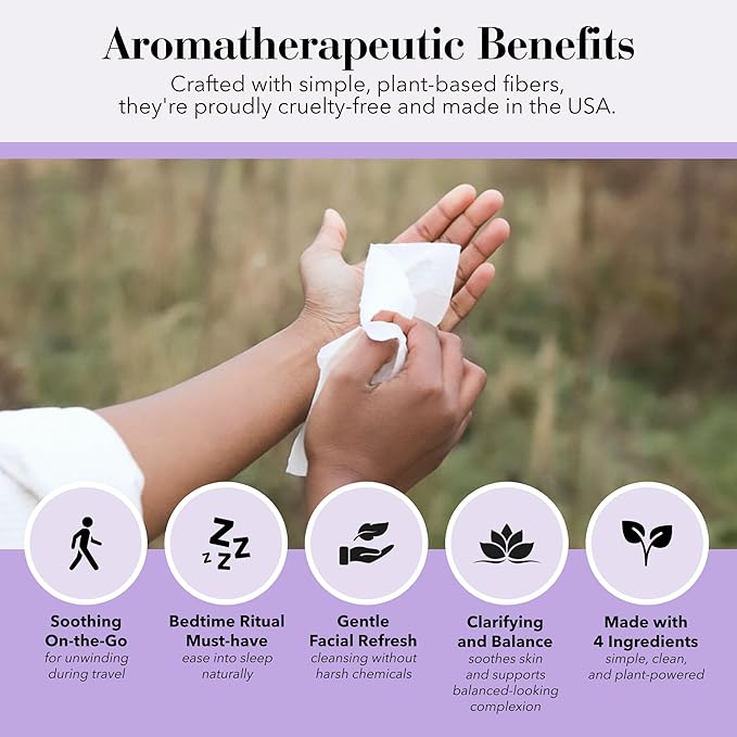 Herban Essentials - Lavender Wipes & Towelettes - Essential Oil Wipes for Make Up, Hands, Face & Body - Travel Size Essentials and Toiletries - Natural, Individually Wrapped and Disposable (20 count)