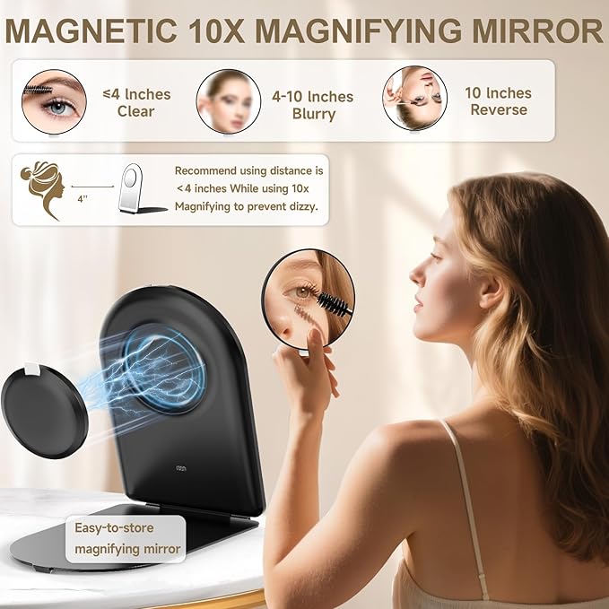 Mocado Travel Makeup Mirror with Light, 1x/10x Magnifying Mirror with Light, 3 Colors Lighted Magnifying Mirror, 2000mAh Rechargeable Lighted Makeup Mirror, Memory Function (Arched-Black)