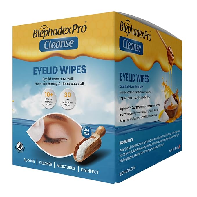 Lunovus Eyelid Wipes with Manuka Honey & Dead Sea Salt - Box of 30, Individually Wrapped, Pre-Moistened for Daily Hygiene & Dry Eyes Relief, Makeup & Debris Removal, Adults