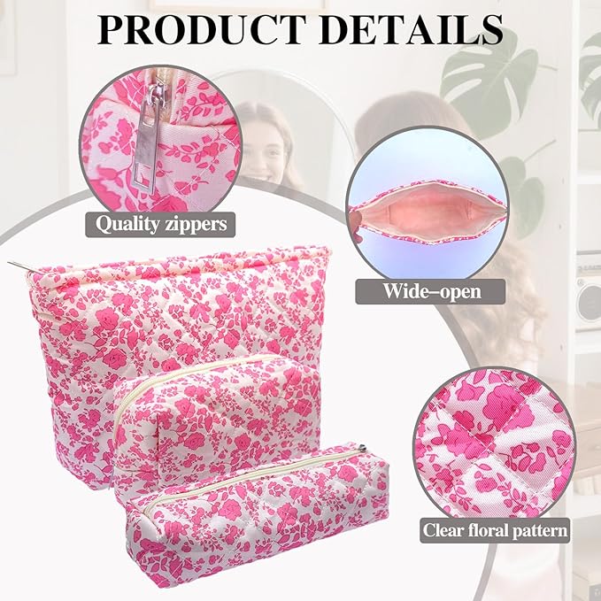 3 Piece Pink Quilted Floral Makeup Bag Set Small Cosmetic Bag For Women Cute Cotton Makeup Pouch For Purse