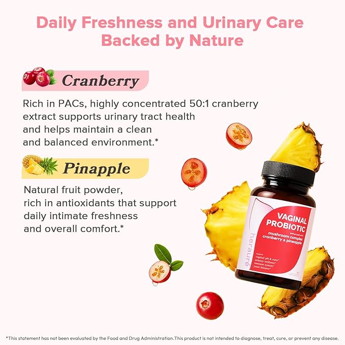 Vaginal Probiotic for Women, PH Balance, Odor, Flora, Immunity with 7B CFU Lactobacillus Probiotics, Prebiotics, 7-in-1 Mushroom Blend, Beta-Glucan, Cranberry, Pineapple, 60 Count