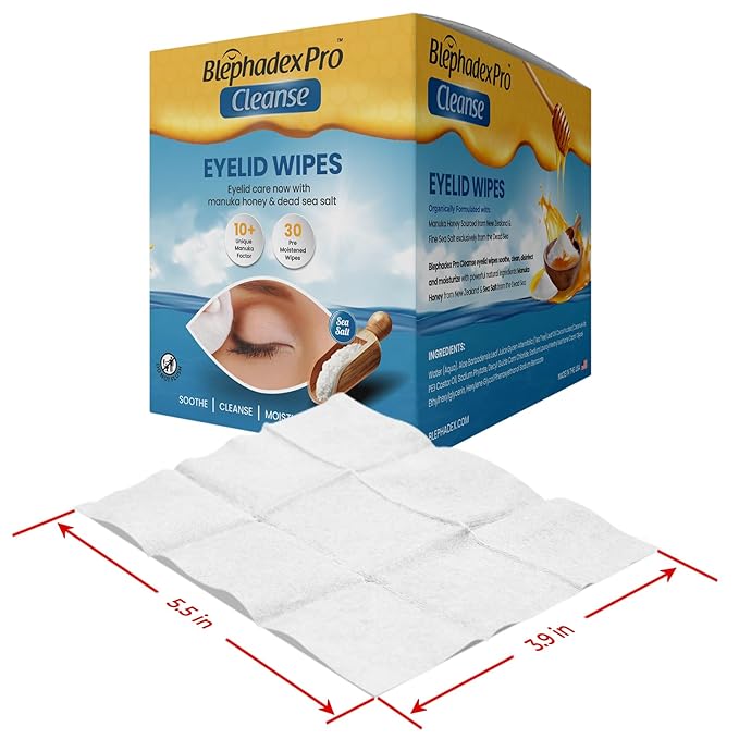Lunovus Eyelid Wipes with Manuka Honey & Dead Sea Salt - Box of 30, Individually Wrapped, Pre-Moistened for Daily Hygiene & Dry Eyes Relief, Makeup & Debris Removal, Adults