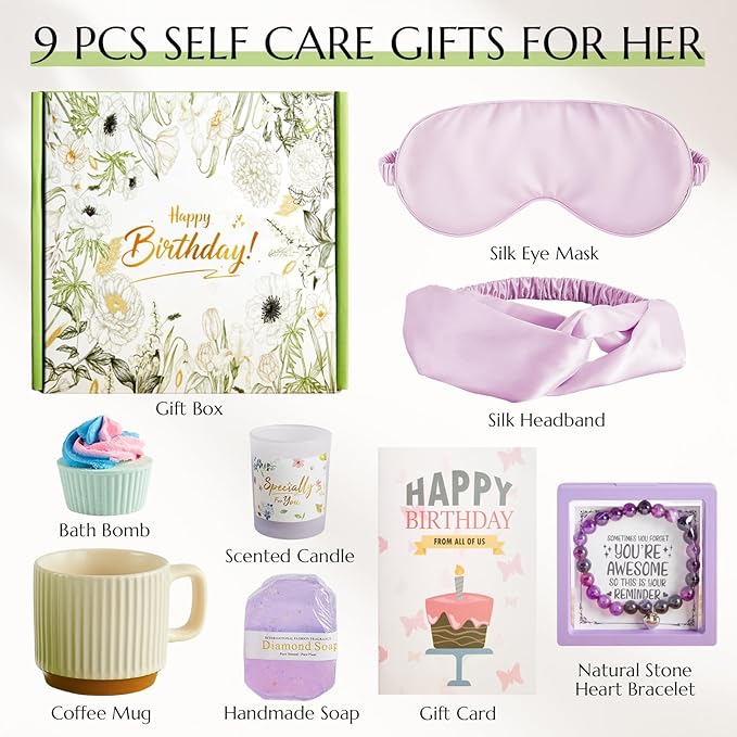 Birthday Gifts for Women, Spa Gift Baskets Set for Women Mom Friend Sister Wife Daughter Girlfriend Coworker, Self Care Bath Spa Body Relaxing Gift Box Unique Happy Birthday Gifts for Female(Purple)