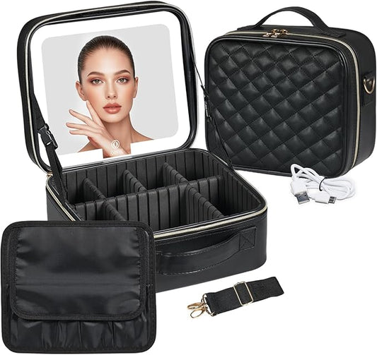 BEAUTY CASE Makeup Bag with Led Mirror, 10 Inch Portable Travel Cosmetic Organizer Case with Adjustable Dividers, USB Charging, Large Capacity, Ideal for Travel, Gift for Women Girls, Black