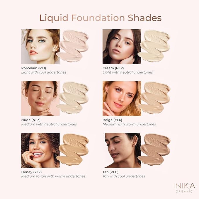 INIKA Organic Full Coverage Liquid Foundation Makeup with Hyaluronic Acid and Argan Oil, Vegan and Organic Foundation for Skin Elasticity and Plumpness, Natural Coverage, Nude, 30ml