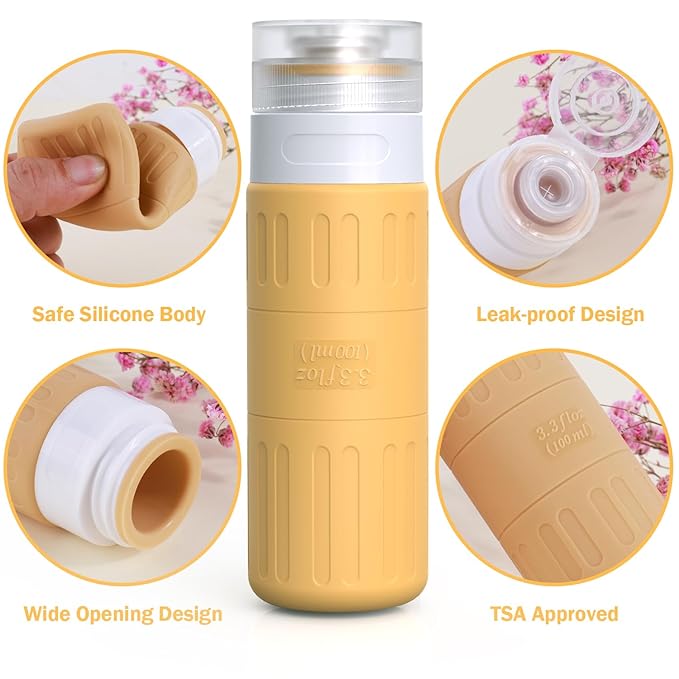 GLAMFIELDS Travel Bottles for Toiletries,TSA Approved 3.3oz Size LeakProof Silicone Toiletry Containers for Shampoo, Conditioner,Easy to Squeeze，Portable Travel Essentials for Lotion(18 Pack) Apricot