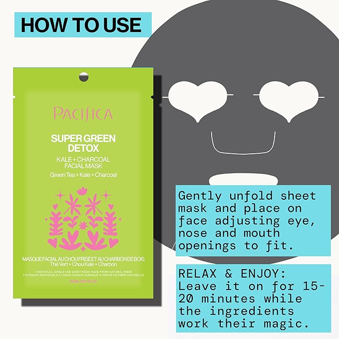 Pacifica Super Green Detox Sheet Mask – Charcoal, Kale & Clay Pore Cleansing Mask for Oily, Blemish-Prone Skin, Deep Detox Facial Mask, Vegan