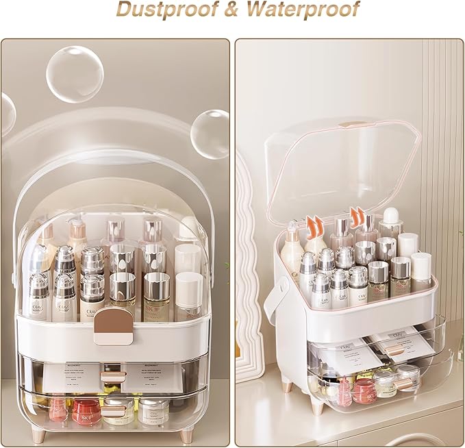 Cosmetics Organizer Set - Makeup Box with with Brush Holder, Skin Care Storage Organizer with Transparent Drawers and Cover, Portable Handle, Dust Proof Makeup Organizer for Vanity, White & Gold