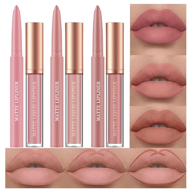 6pcs Nude Lip Liner and Lipstick Makeup Set, 3 Velvety Matte Liquid Lipsticks + 3 Matching Smooth Lip Liner One Step Lips Makeup Kits Waterproof Long Lasting Matte Lipstick Gift SetLip Liner and Lipstick (Set E, 6)