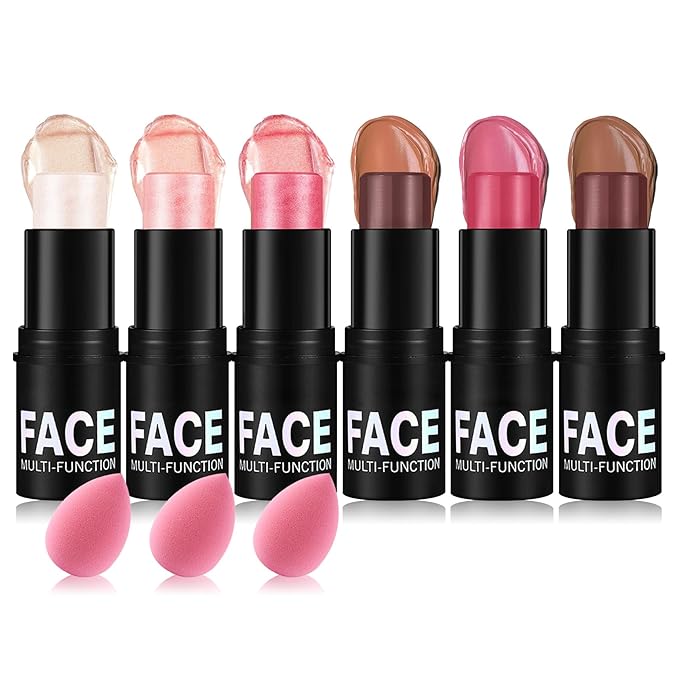 6PCS Face Contour Stick Makeup Kit,Shades with Highlighter Makeup,Blush for Cheeks and Bronzing Stick,Perfect to Sculpt the Face,Waterproof Lightweight Contour Kit with Make Up Sponges