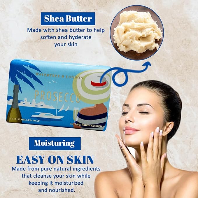 Wavertree & London Prosecco Scented Natural Soap (2 Bars), 7oz Moisturizing French Triple Milled Soap Bars enriched with shea butter - Pure Plant Based Bath & Body Bars for All Skin Types