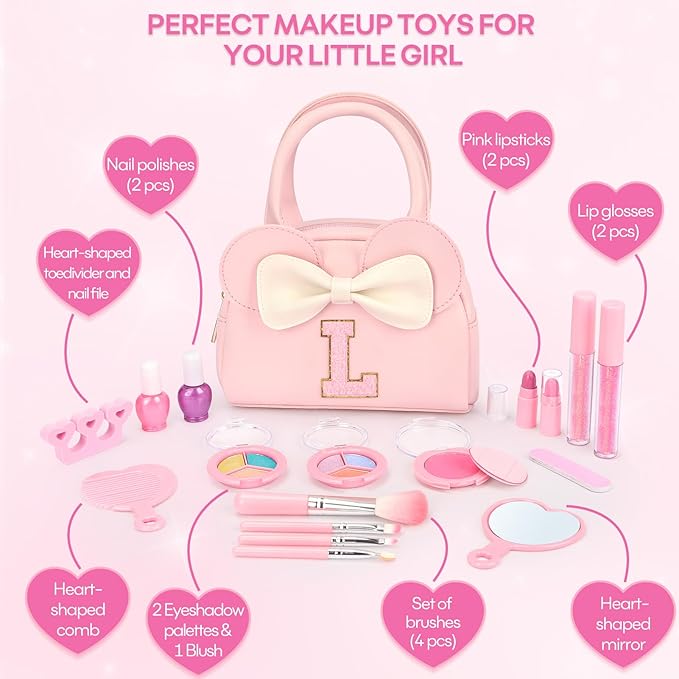 Kids Real Makeup Kit for Girls - 18Pcs Non-Toxic Washable Make Up Toys with Initial Toddler Purse - Personalized Birthday Gifts for Age 3 4 5 6 7 8 9 10 Years Old Girls Vanity Set - L