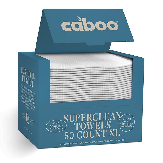 Caboo Bamboo Disposable Face Towels – 50 Soft, Lint-Free Towels (10x11.5”) | Biodegradable, Eco-Friendly & Extra Large | Gentle Alternative to Makeup Wipes or Washcloths