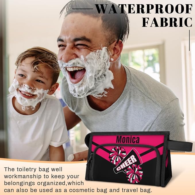 Custom-Makeup-Bag Personalized Travel Toiletry Bag Text Customized Cheer Makeup Bags Cosmetic Bags for Women With Divider & Handle Pink