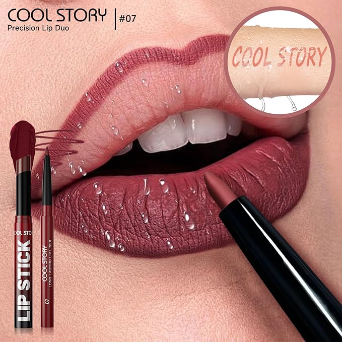 COOL STORY 2 Piece Lip Liner and Lipstick Set, Long Lasting Formula, Professional Makeup Kit (07)