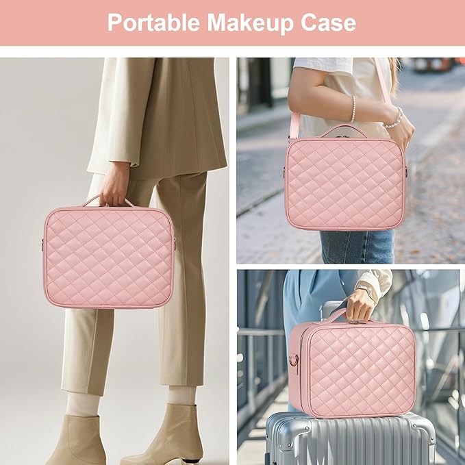BEAUTY CASE Makeup Bag with Led Mirror, 12 Inch Portable Travel Cosmetic Organizer Case with Adjustable Dividers, USB Charging, Large Capacity, Ideal for Travel, Gift for Women Girls, Pink