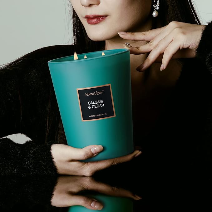 HomeLights Highly Scented Soy Candles Big 33.3 oz for Home. 3 Cotton Wicks, Smokeless Long Lasting 130 hrs in Balsam & Cedar. 5x6, Great Gift for Women & Men