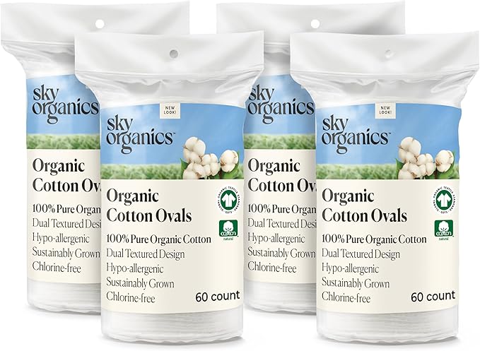 Sky Organics Organic Large Oval Cotton Pads, 100% Pure Organic Cotton, GOTS Certified Cotton, 240 Count, Dual Textured Design, for Makeup Removal, Cleansing, Toner Application