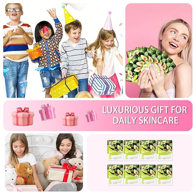 8 Pack Avocado Face Sheet Mask Skincare,Hydrating Face Mask For Sensitive Skin,Moisturize,Soothing,Nourish for All Skin Types,Natural Spa Party Facial Mask Skincare Set for Women Men Girls