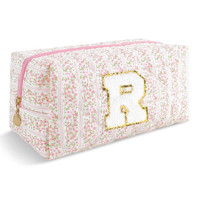 Personalized Quilted Cosmetic Bag, Puffy Monogrammed Christmas Birthday Gifts for Women & Girls, Cute initial Floral Makeup Bag Puffer Coquette Bag, Aesthetic Travel Toiletry Zipper Pouch(Pink,R)