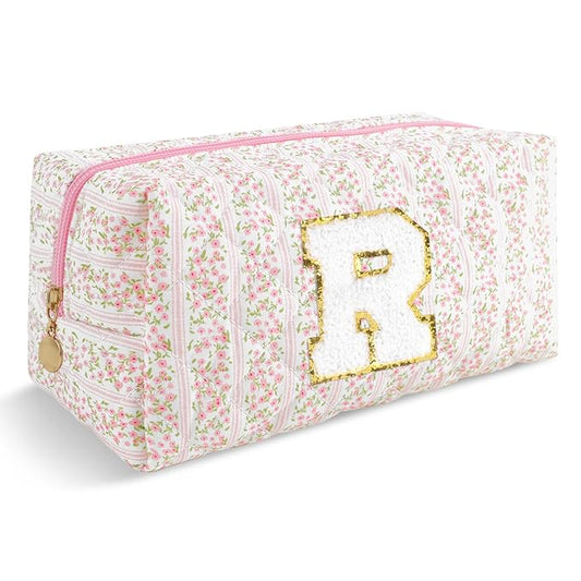 Personalized Quilted Cosmetic Bag, Puffy Monogrammed Christmas Birthday Gifts for Women & Girls, Cute initial Floral Makeup Bag Puffer Coquette Bag, Aesthetic Travel Toiletry Zipper Pouch(Pink,R)