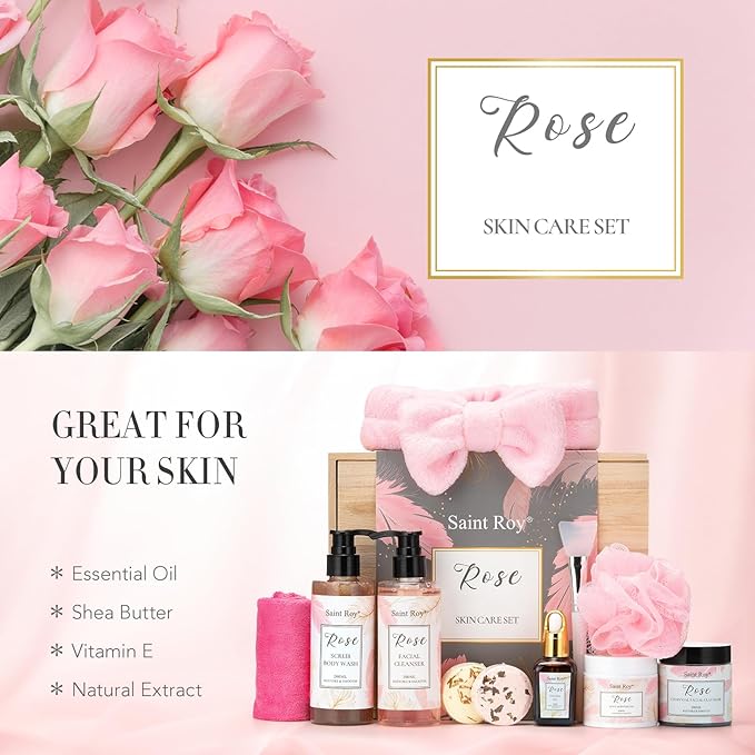 Spa Gifts for Women，10pcs Self Care Kit ROSE Scented with Facial Cleanser, Scrub Body Wash, Facial Clay Mask, Facial, Essential Oil, Birthday Gifts Skin Care Set, Mothers Day Gifts Ideas