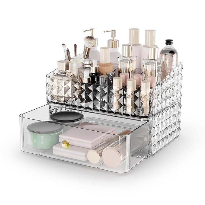Makeup Organizer for Vanity, Stackable Cosmetics Organizer and Storage, Cosmetic Display Cases with 1 Drawers and 1 Tray for Makeup Brush, Hair Accessories, Lipstick and Jewelry, Clear