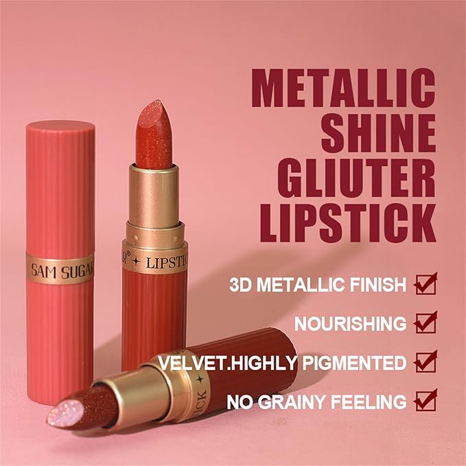 BONNIE CHOICE 6Pcs Glitter Lipstick Set, Red Rose Nude Pink Brown Glitter Shimmer Shine Lipstick Sets for Women Waterproof Long Lasting 24 Hours Lip Stick Makeup Gift Sets