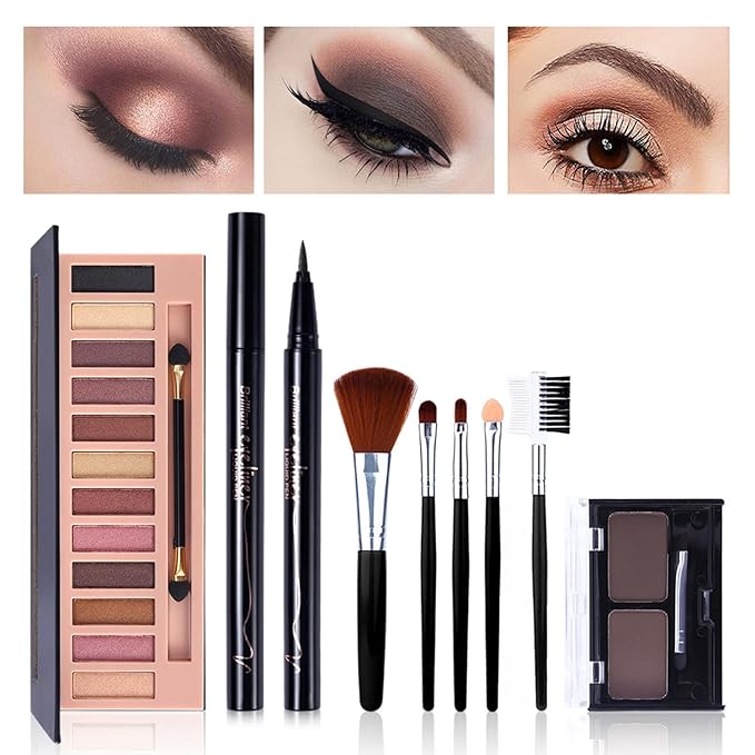 All in One Makeup Kit,12 Colors Nude Shimmer Eyeshadow Palette, Waterproof Black Eyeliner Pencil, Duo Pressed Eyebrow Powder Kit, 5 Brushes With Quicksand Cosmetic Bag Gift Set