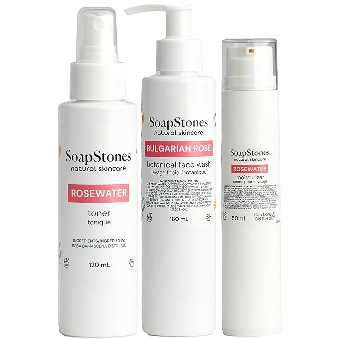 Soapstones Rose Skincare Bundle - Rosewater Toner, Bulgarian Rose Facial Wash & Rosewater Moisturizer - Hydrating Toner, Deep Moisture Face Cream & Natural Face Wash for Glowing Complexion