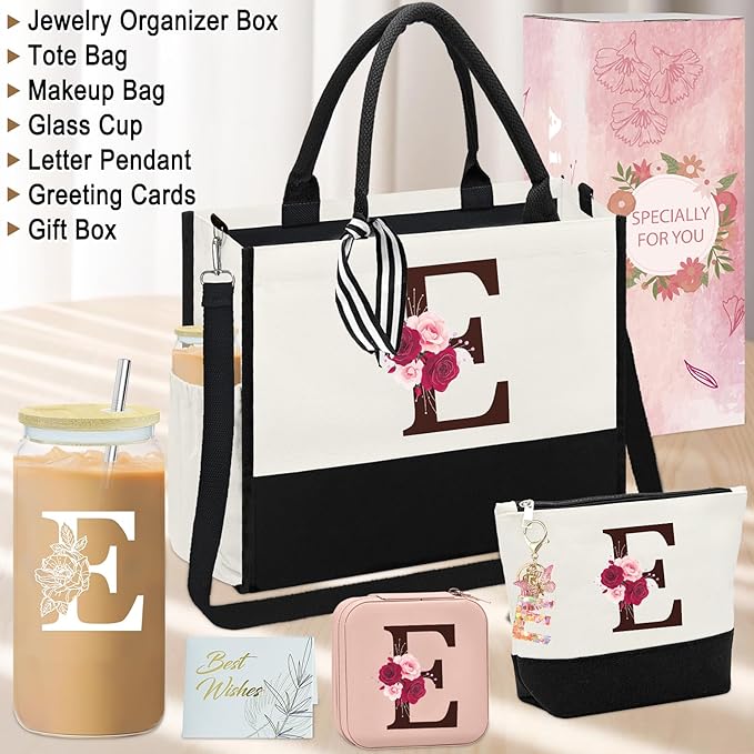 Birthday Gifts for Women,Initial Canvas Tote Bag,Monogrammed Gift for Women,16oz Initial Glass Cup,Makeup Bag with Zipper,Jewelry Organizer Box,Personalized Gifts for Mom-E
