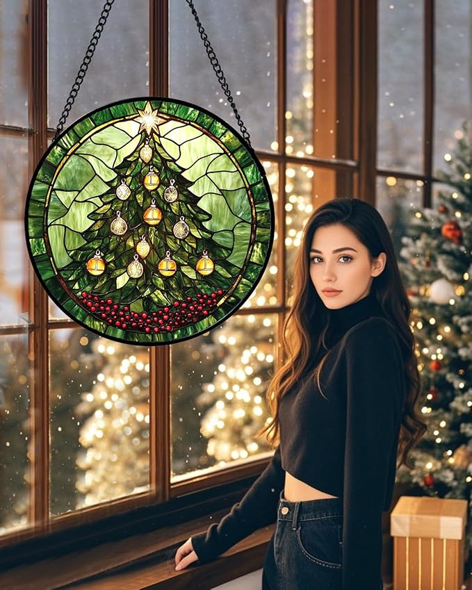 Stained Glass Window Hanging - Green Christmas Tree Golden Bells Suncatcher for Doors Home Christmas Decoration Sun Catcher Thanksgiving New Year Birthday Gift for Women Men Mom Nana 7.8 in
