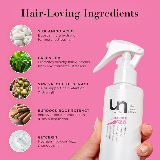 Unwash Untangle Leave-In Conditioner - Gentle Formula, Detangles, Controls Frizz, Enhances Shine, Protects Against Heat, Vegan, Cruelty Free, Sulfate & Paraben-Free, 6.25 fl oz