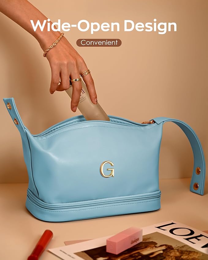 Birthday Gift for Her, Teen Girl Gifts Trendy Stuff, Makeup Bags for Women with Handle, Initial Double Layer Cosmetic Bag with Makeup Brush Organizer,Teacher Gifts, Gifts for Friends Female